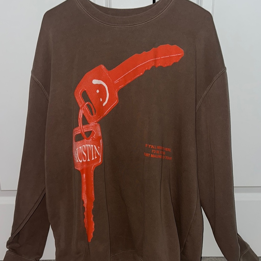 Post Malone Brown Crewneck Sweater with Red Artistic Graphic